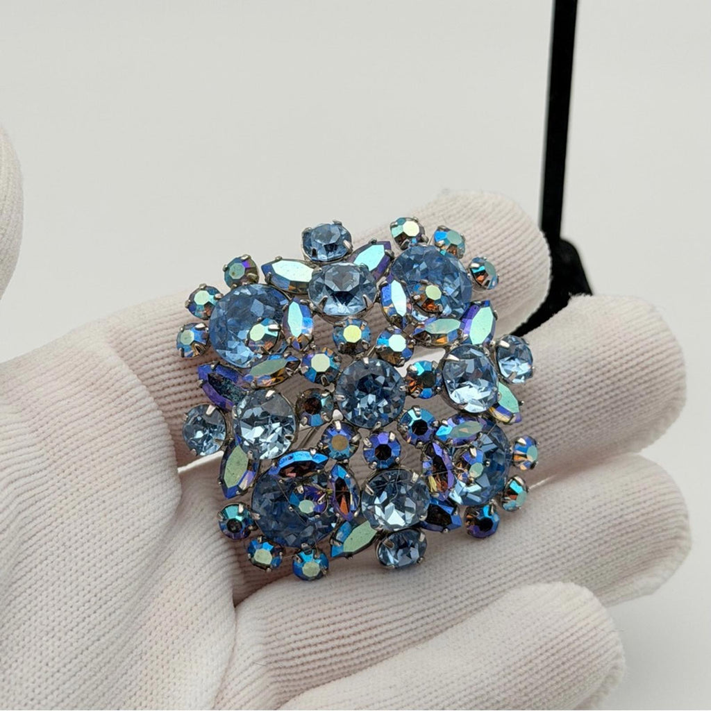 Vintage Sherman Blue Rhinestone Earrings And Brooch Set