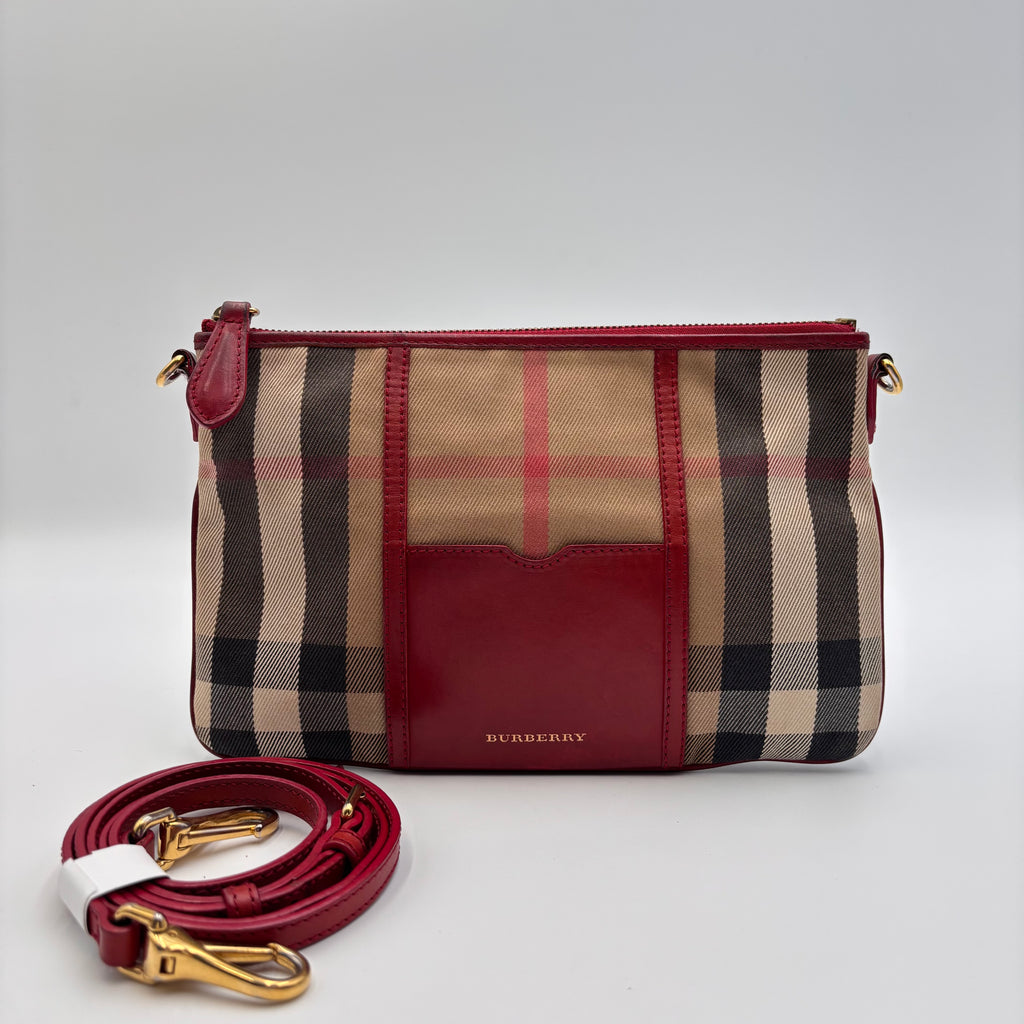 Burberry Nova Check Canvas & Red Leather Crossbody Bag