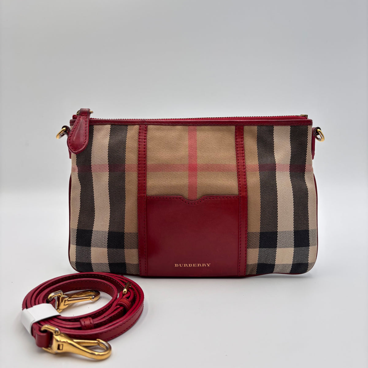 Burberry Nova Check Canvas & Red Leather Crossbody Bag