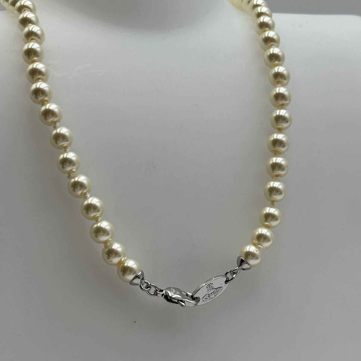 Vivienne Westwood Kitty Pearl Orb Necklace in Silver Tone with Green Enamel
