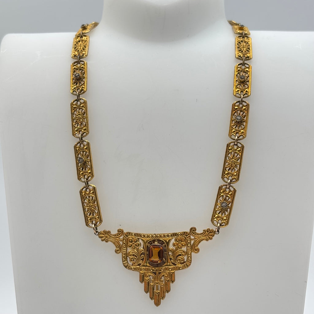 Birks Art Deco Filigree Statement Necklace Amber Crystal