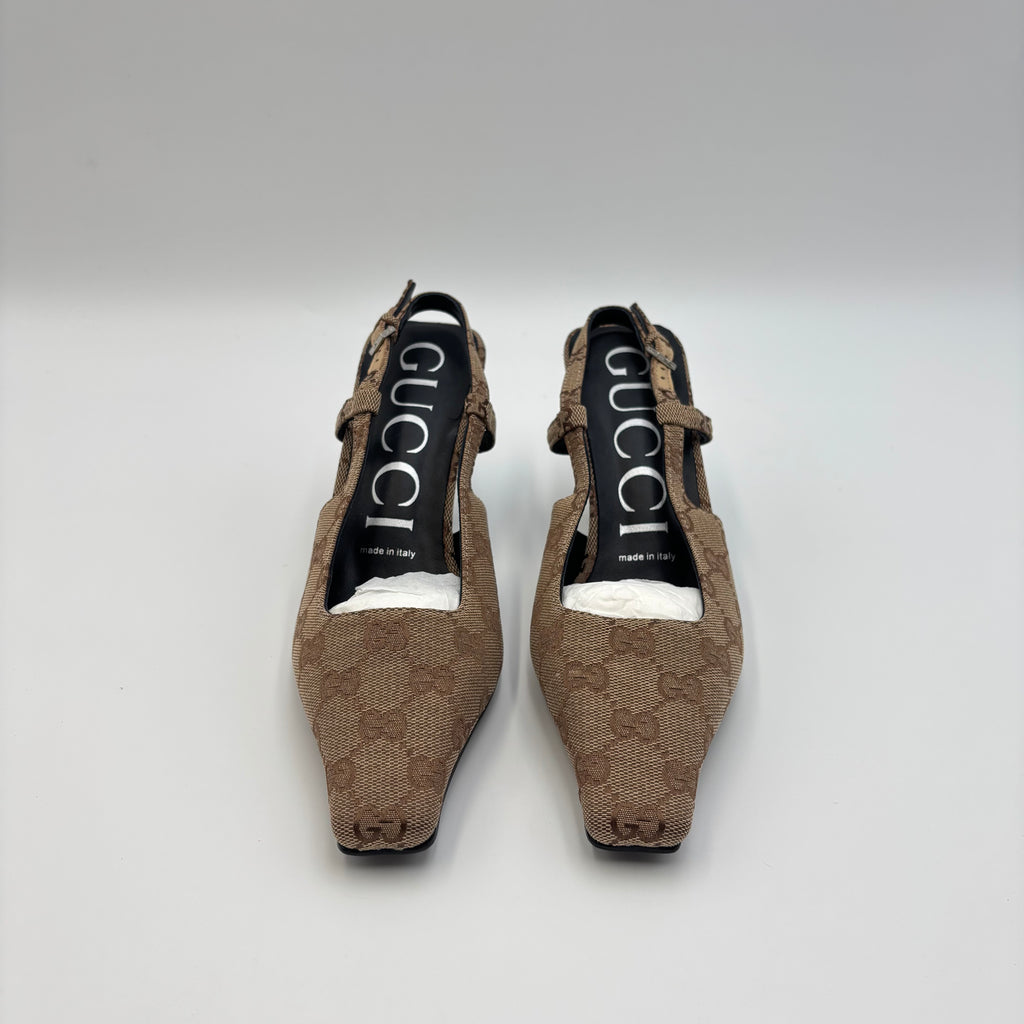 Gucci GG Canvas Slingback Kitten Heels Brown Monogram