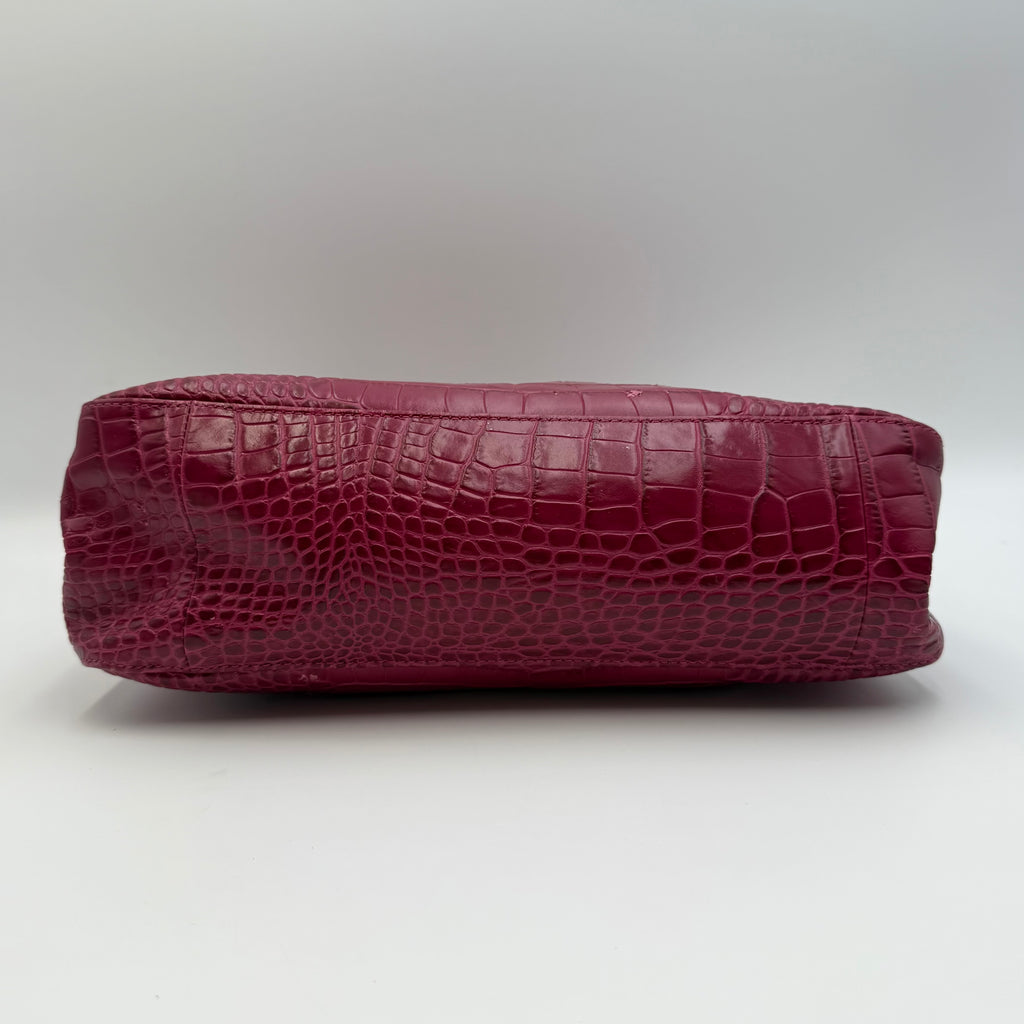 Longchamp Roseau Crocodile-Embossed Leather Tote by Philippe Cassegrain, Fuchsia, c. 2000s