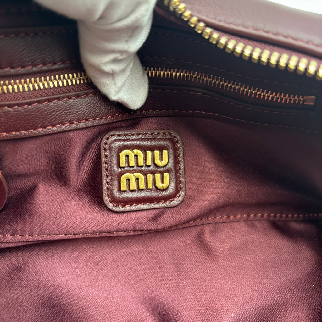 Miu Miu Arcadie Burgundy Matelassé Leather Top Handle Boston Bag With Strap