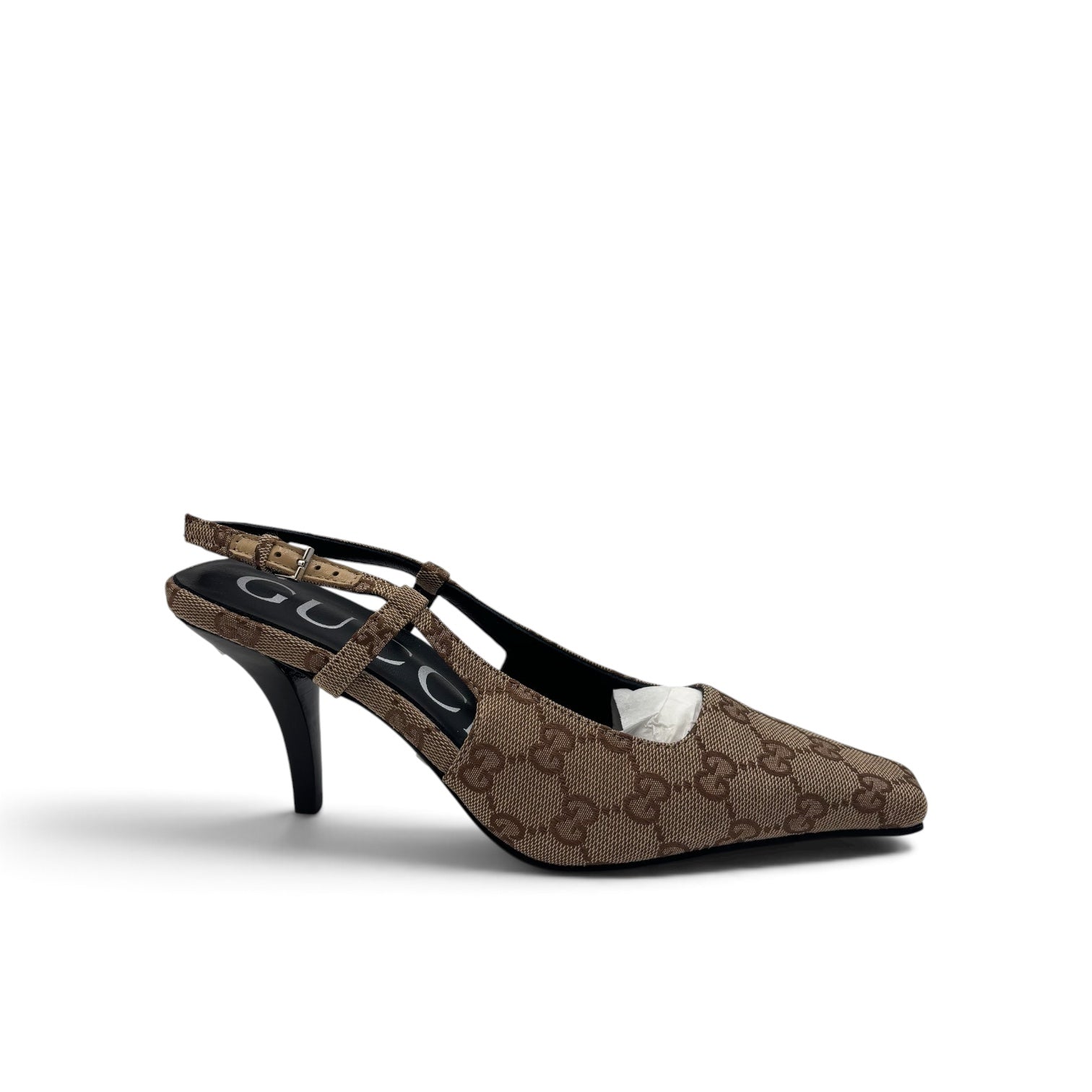 Gucci GG Canvas Slingback Kitten Heels Brown Monogram