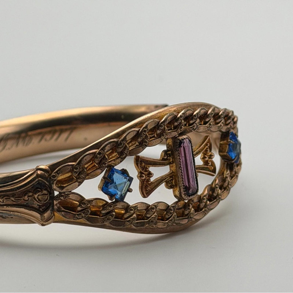 Antique Style Gold Tone Amethyst & Blue Stone Filigree Bangle Bracelet
