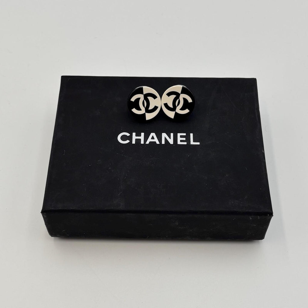 Chanel Black & White CC Logo Stud Earrings With Box Circa 2002