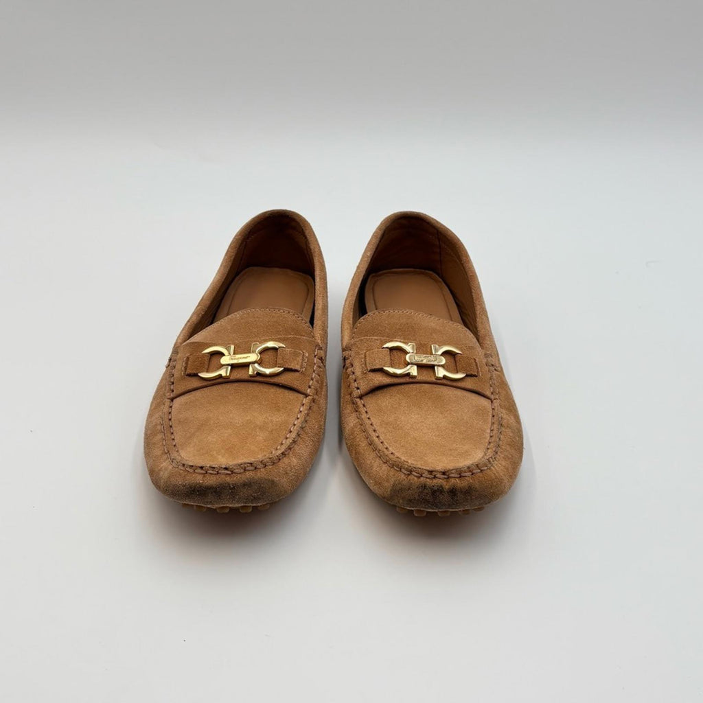 Salvatore Ferragamo Gancini Suede Driving Loafers Tan Gold