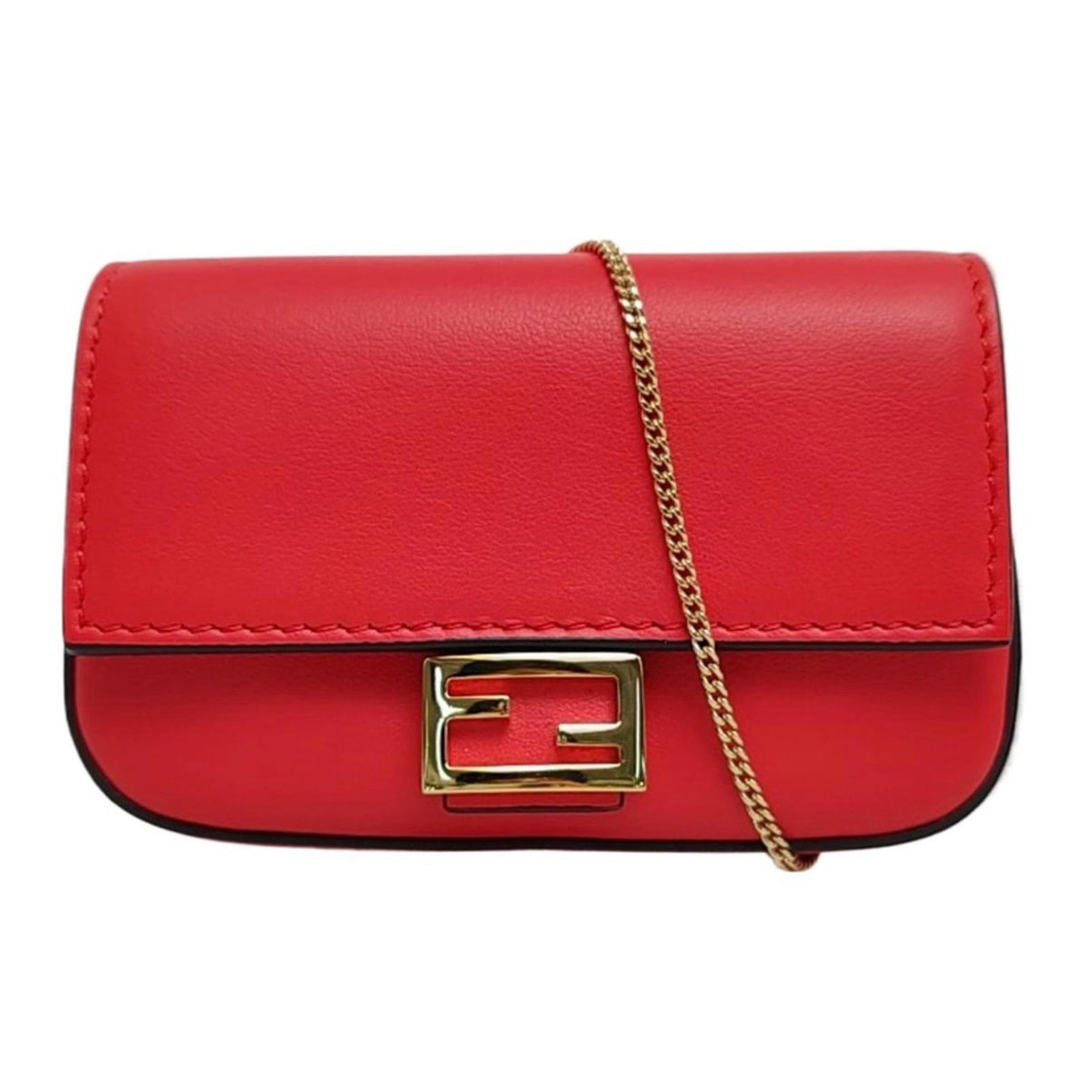 Fendi Baguette Nano Red Leather Shoulder Bag With Gold-Tone Hardware