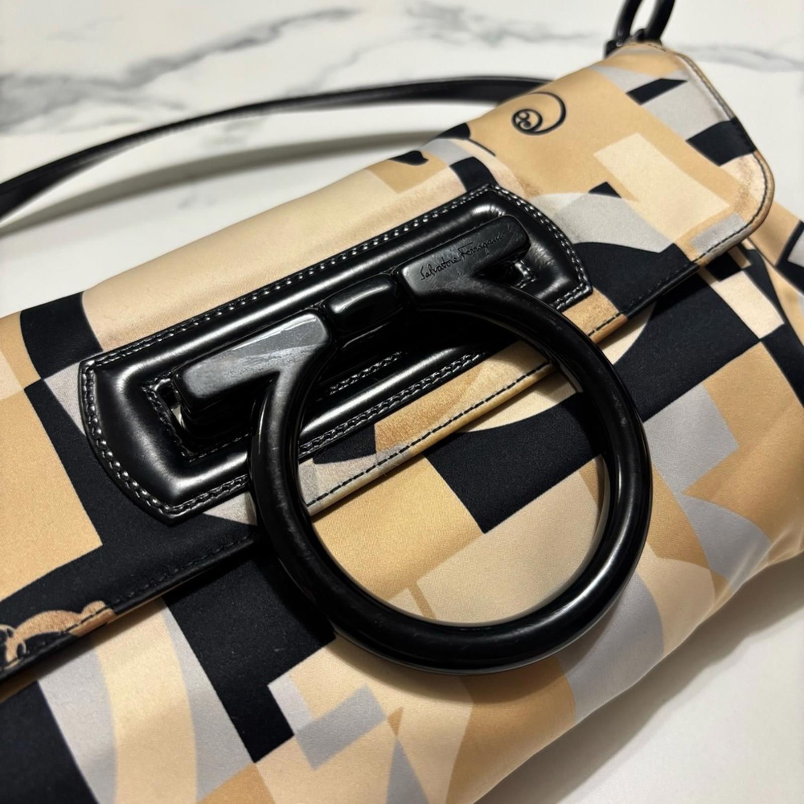 SALVATORE FERRAGAMO MULTICOLOR PRINTED SATIN & LEATHER GANCIINI FLAP BAG