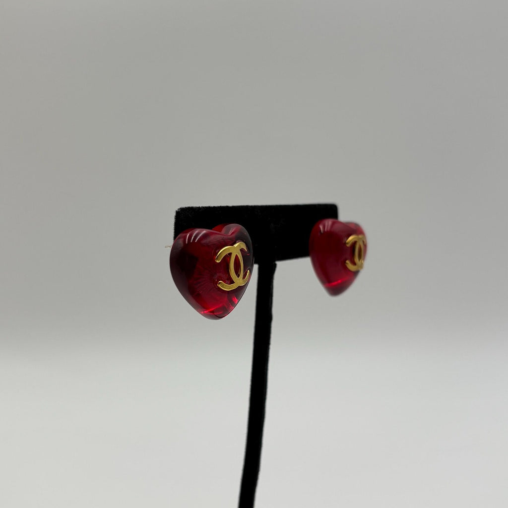 Chanel Vintage Red Resin Heart CC Stud Earrings Gold Tone