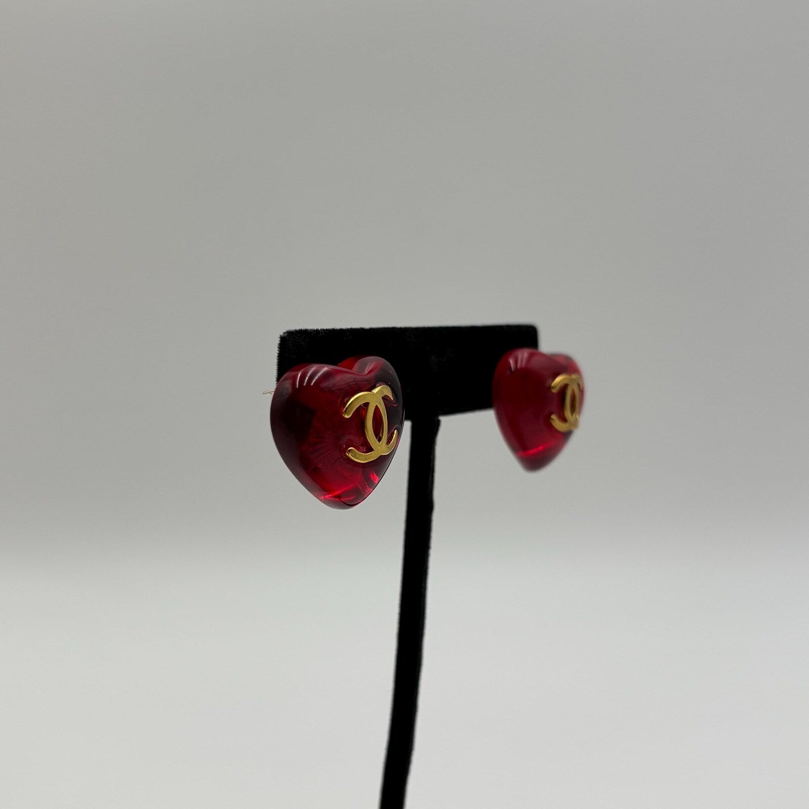 Chanel Vintage Red Resin Heart CC Stud Earrings Gold Tone