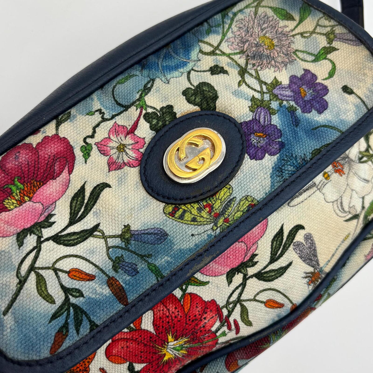Gucci Flora Camera Crossbody Bag in Blue Leather & Botanical Canvas