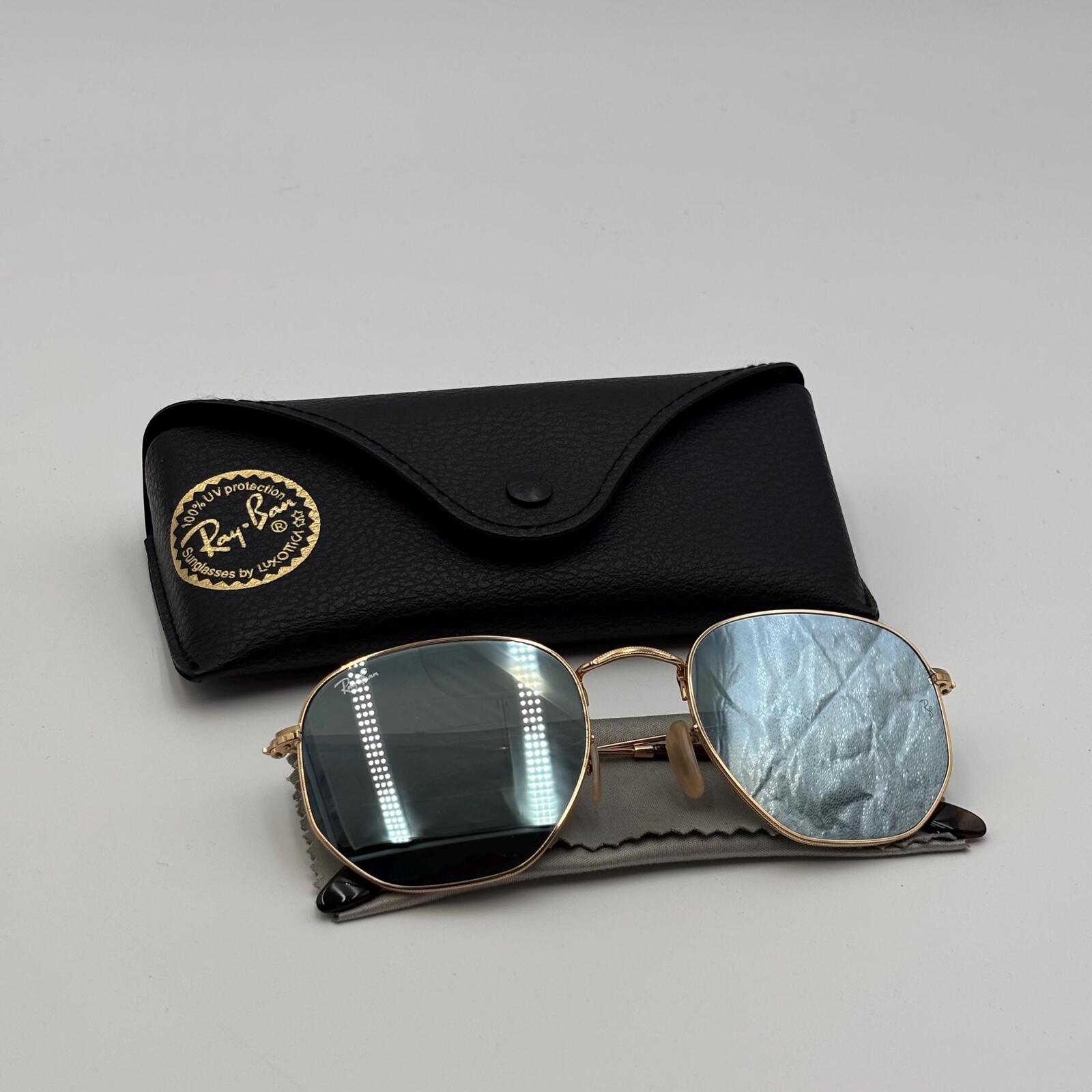 Ray-Ban Hexagonal Flat Lenses RB3548N Gold Blue Mirror Sunglasses