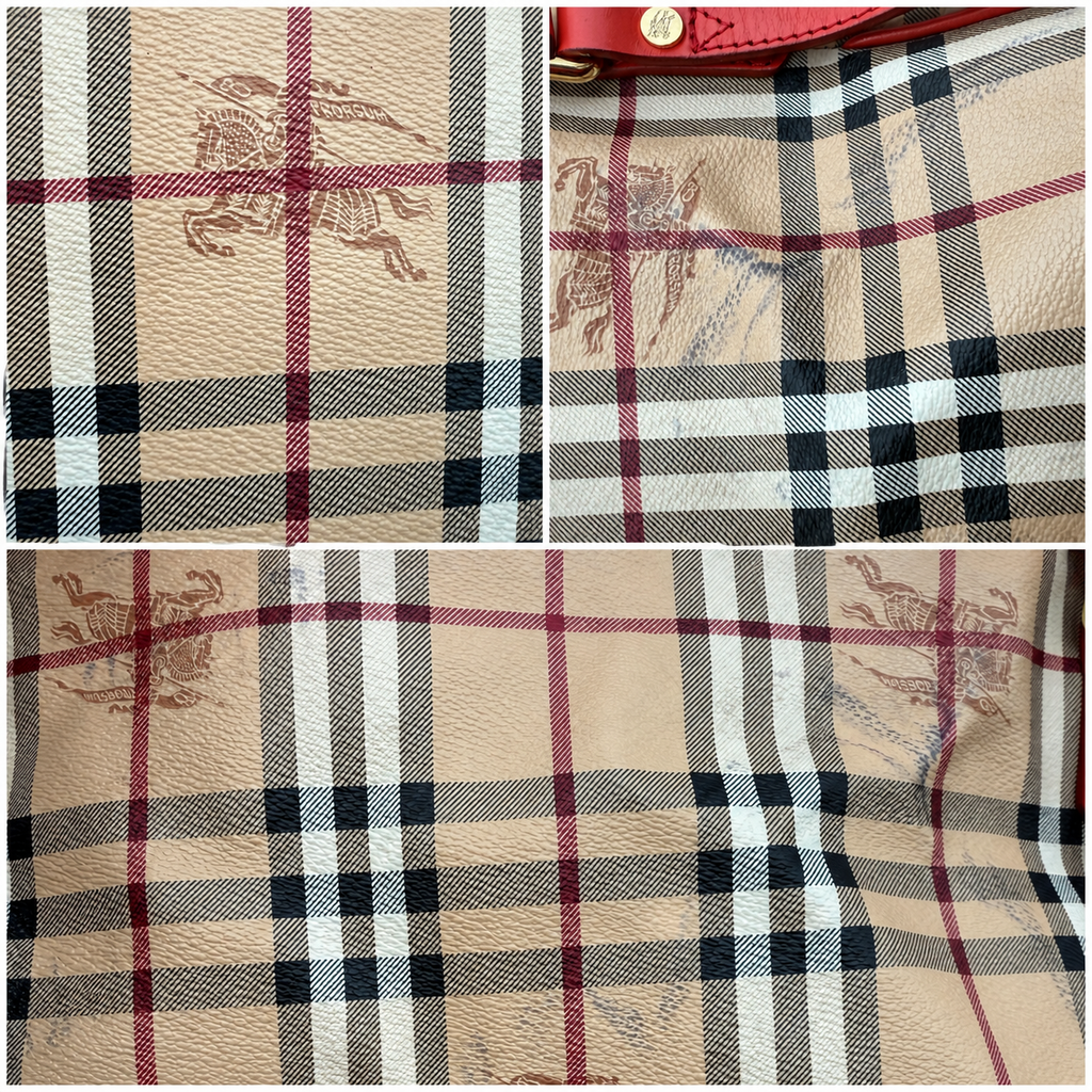 Burberry Haymarket Check Large Shopper Tote with Red Leather Trim