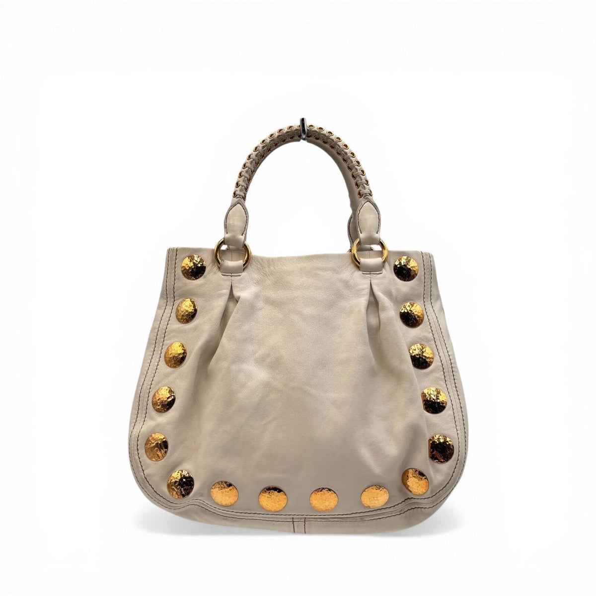 Miu Miu White Leather Studded Tote Bag With Strap