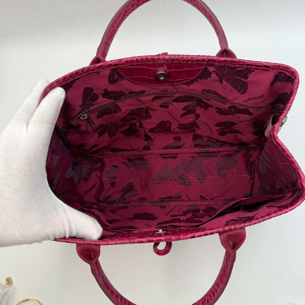 Longchamp Roseau Crocodile-Embossed Leather Tote by Philippe Cassegrain, Fuchsia, c. 2000s