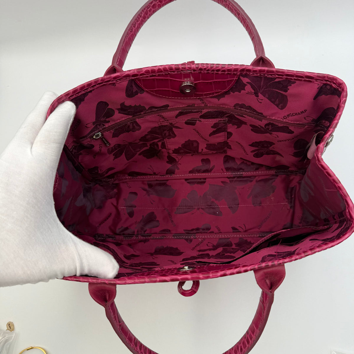 Longchamp Roseau Crocodile-Embossed Leather Tote by Philippe Cassegrain, Fuchsia, c. 2000s