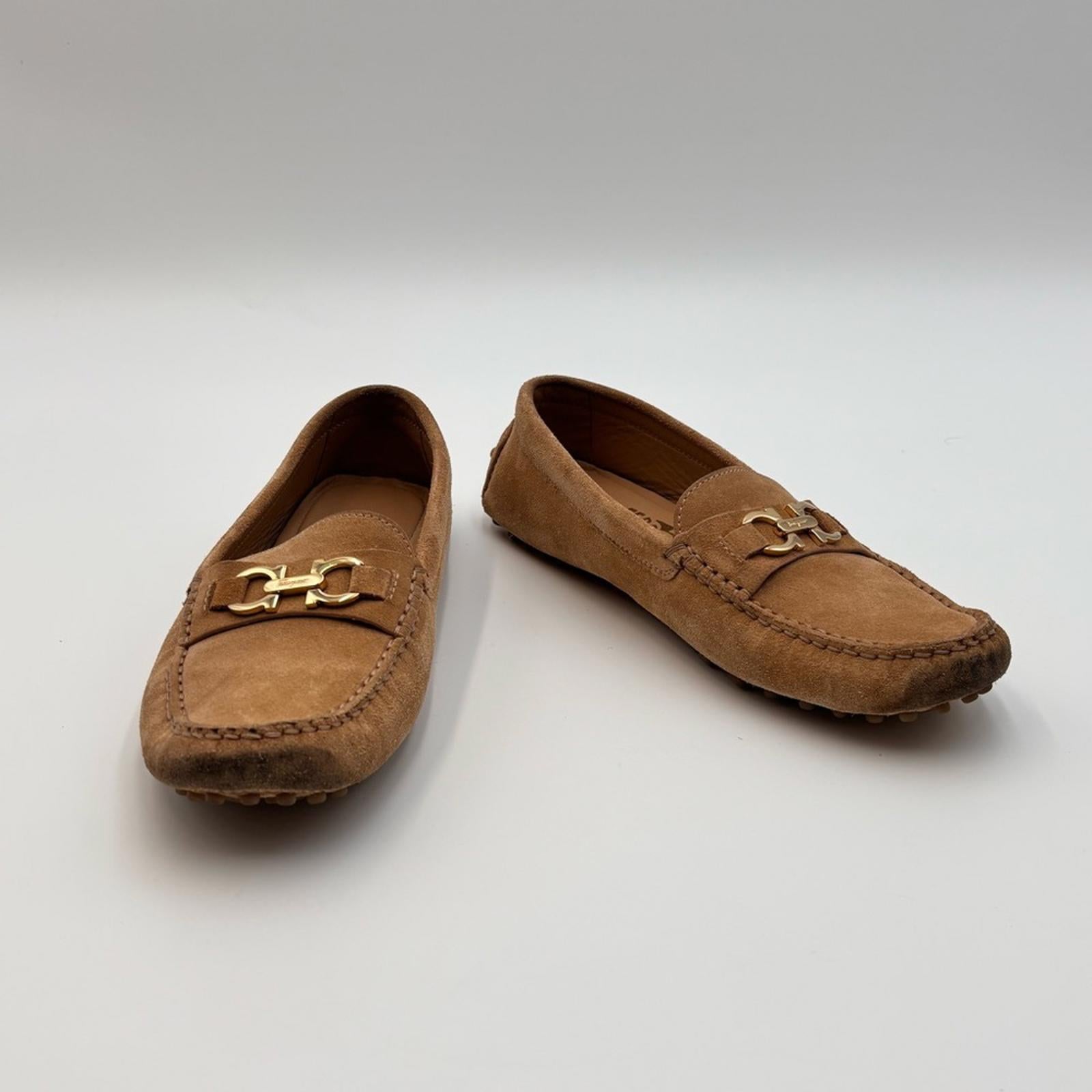 Salvatore Ferragamo Gancini Suede Driving Loafers Tan Gold