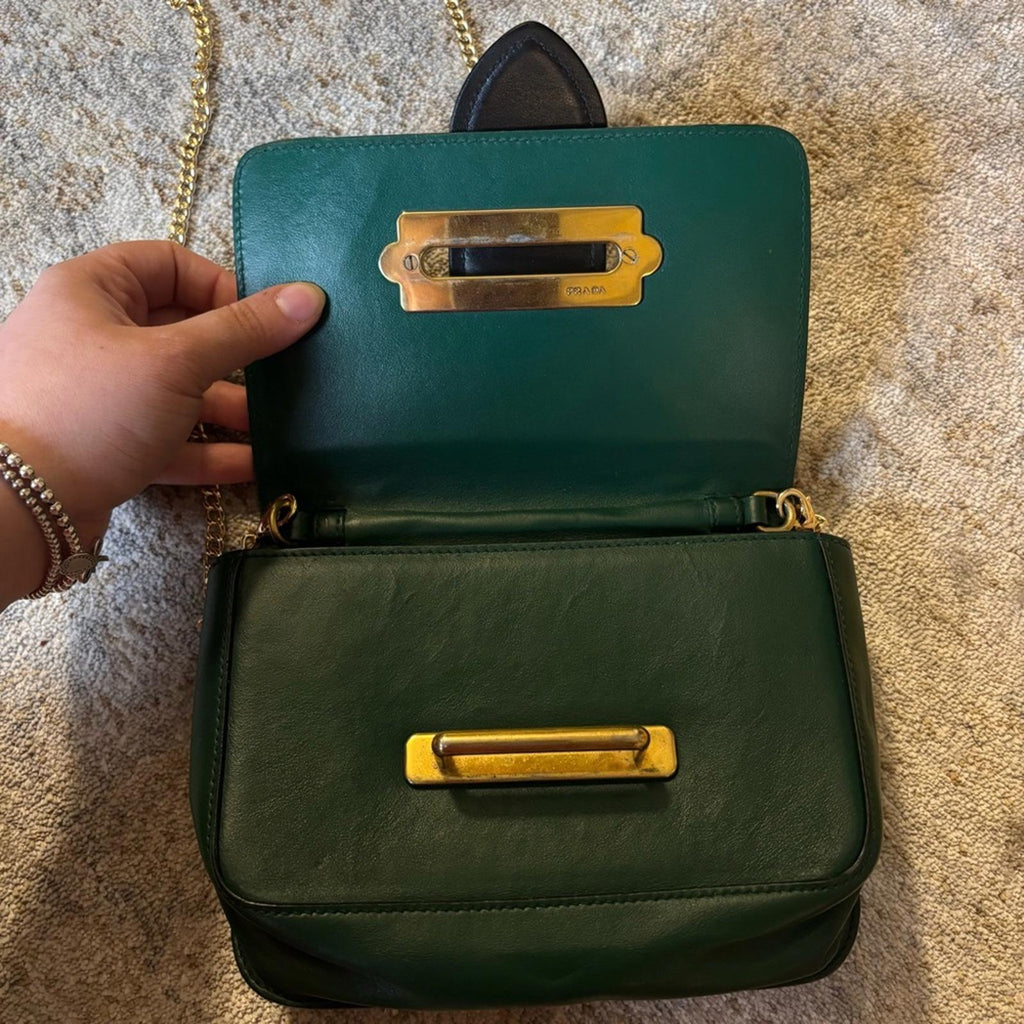 Prada Cahier Style Leather Bag – Green & Black