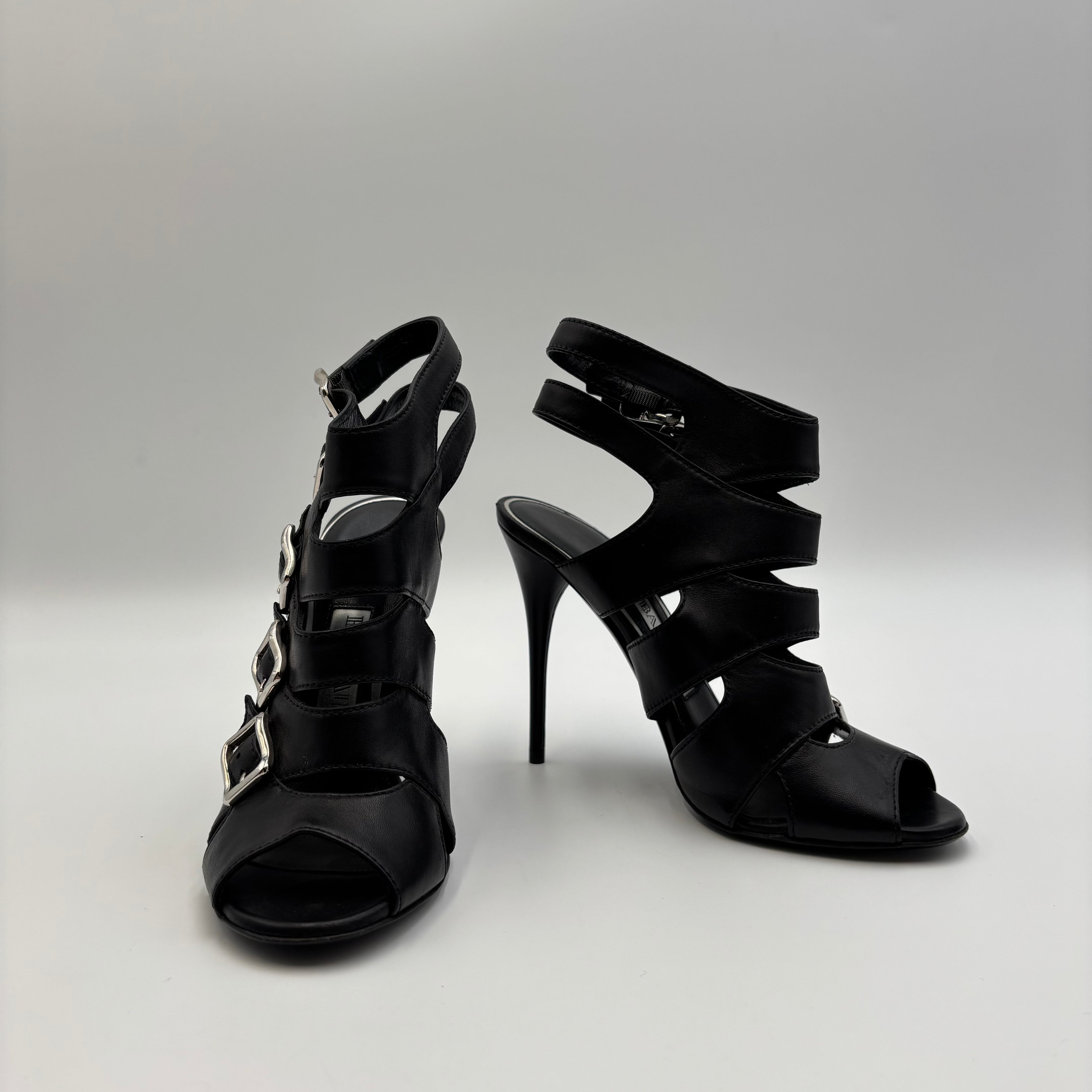 Balmain Black Leather Multi-Buckle Gladiator Heels