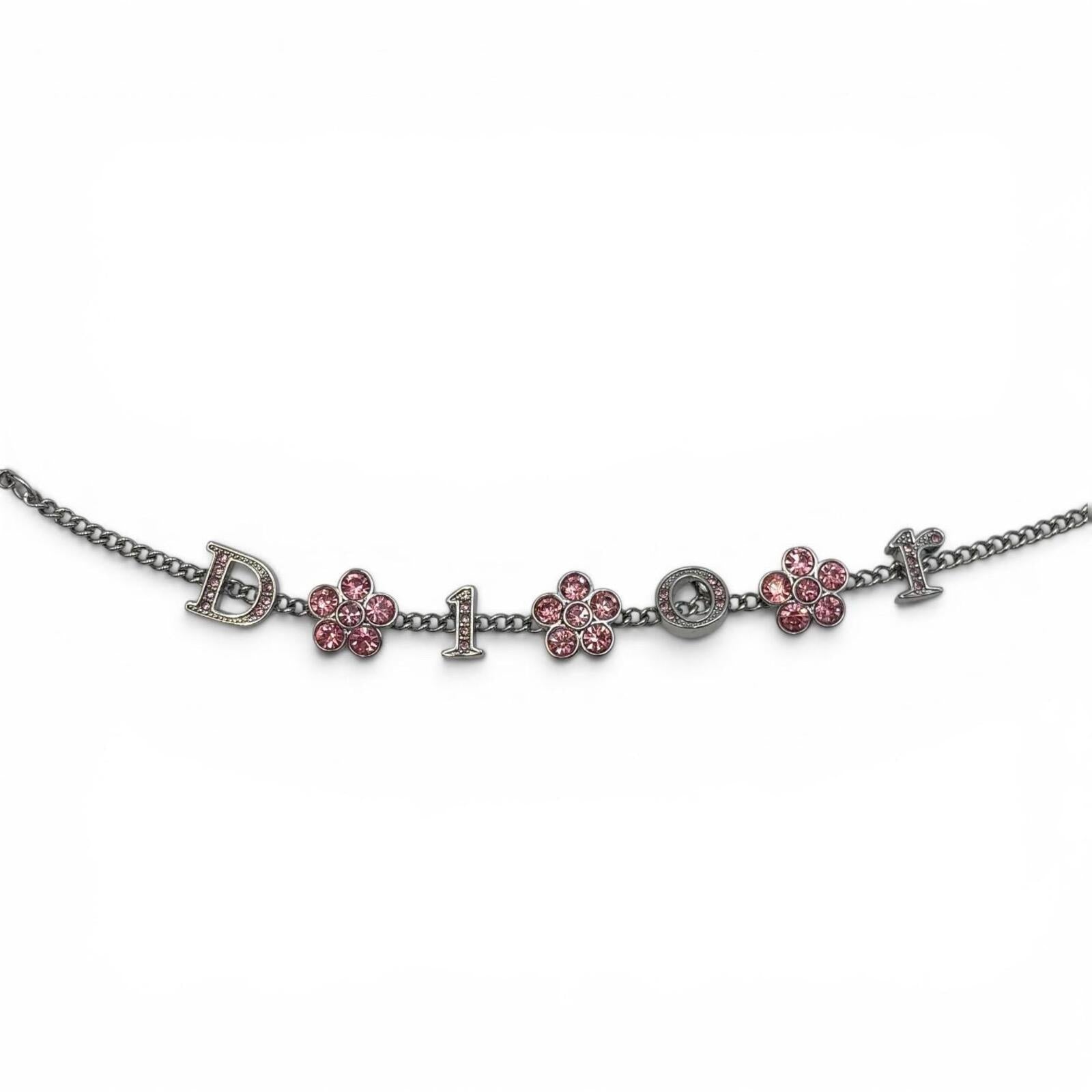 Dior Pink Crystal Floral Logo Charm Chain Bracelet
