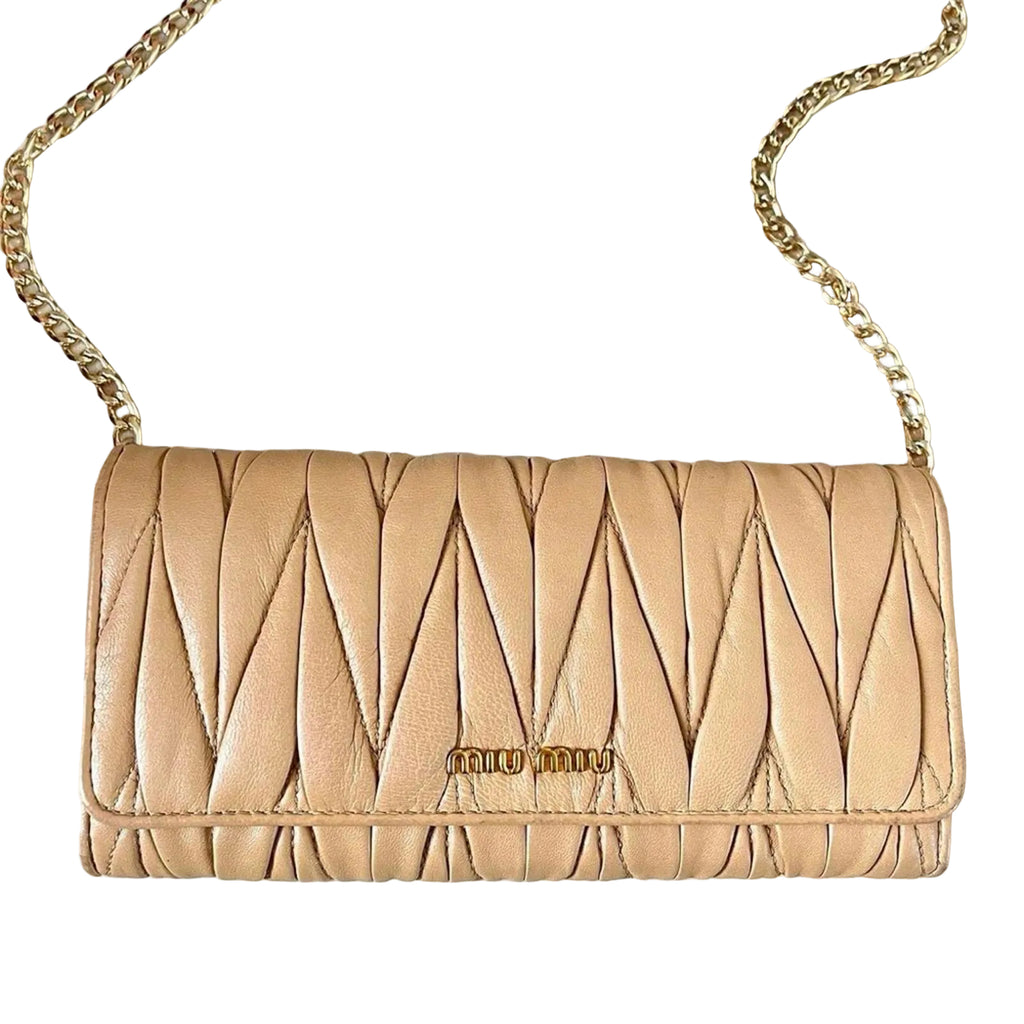 MIU MIU Matelasse Leather Bifold Long Wallet on Chain in Tan