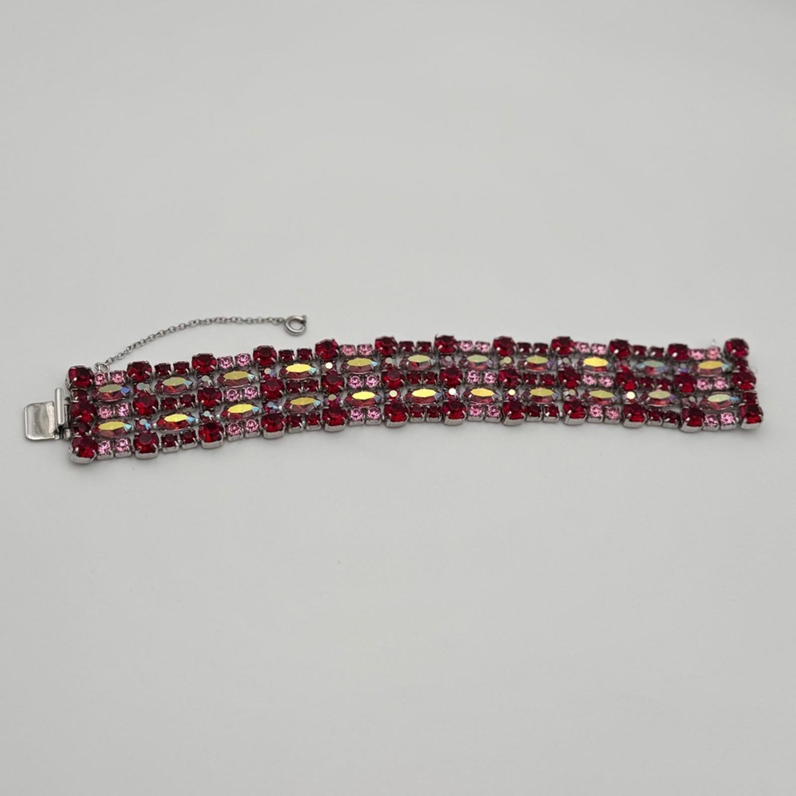 Vintage Sherman Red & Pink Aurora Borealis Rhinestone Wide Bracelet – Signed