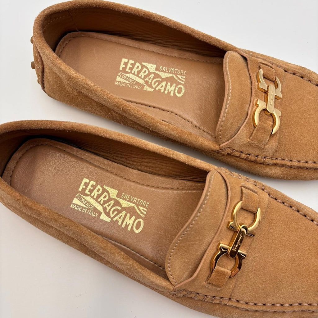 Salvatore Ferragamo Gancini Suede Driving Loafers Tan Gold