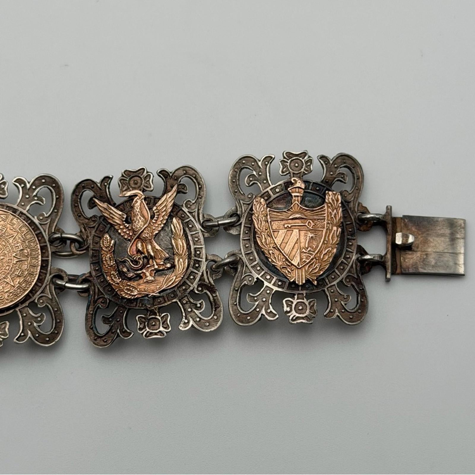 Vintage Mexican Taxco Sterling Silver & Copper Panel Bracelet