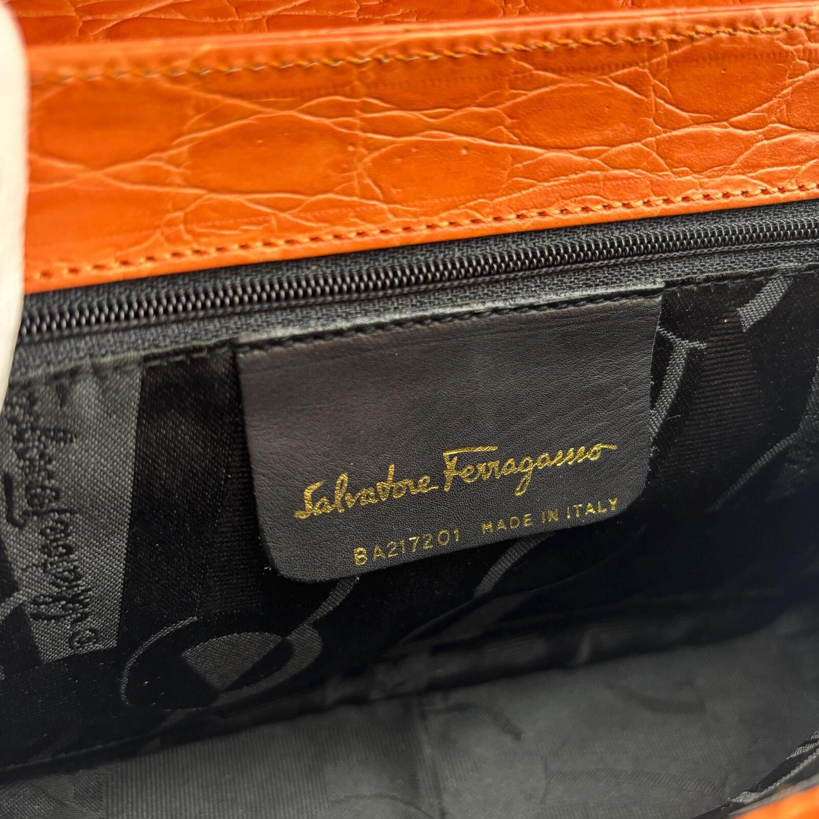 Salvatore Ferragamo Vintage Croc Embossed Leather Shoulder Bag Orange Gancini