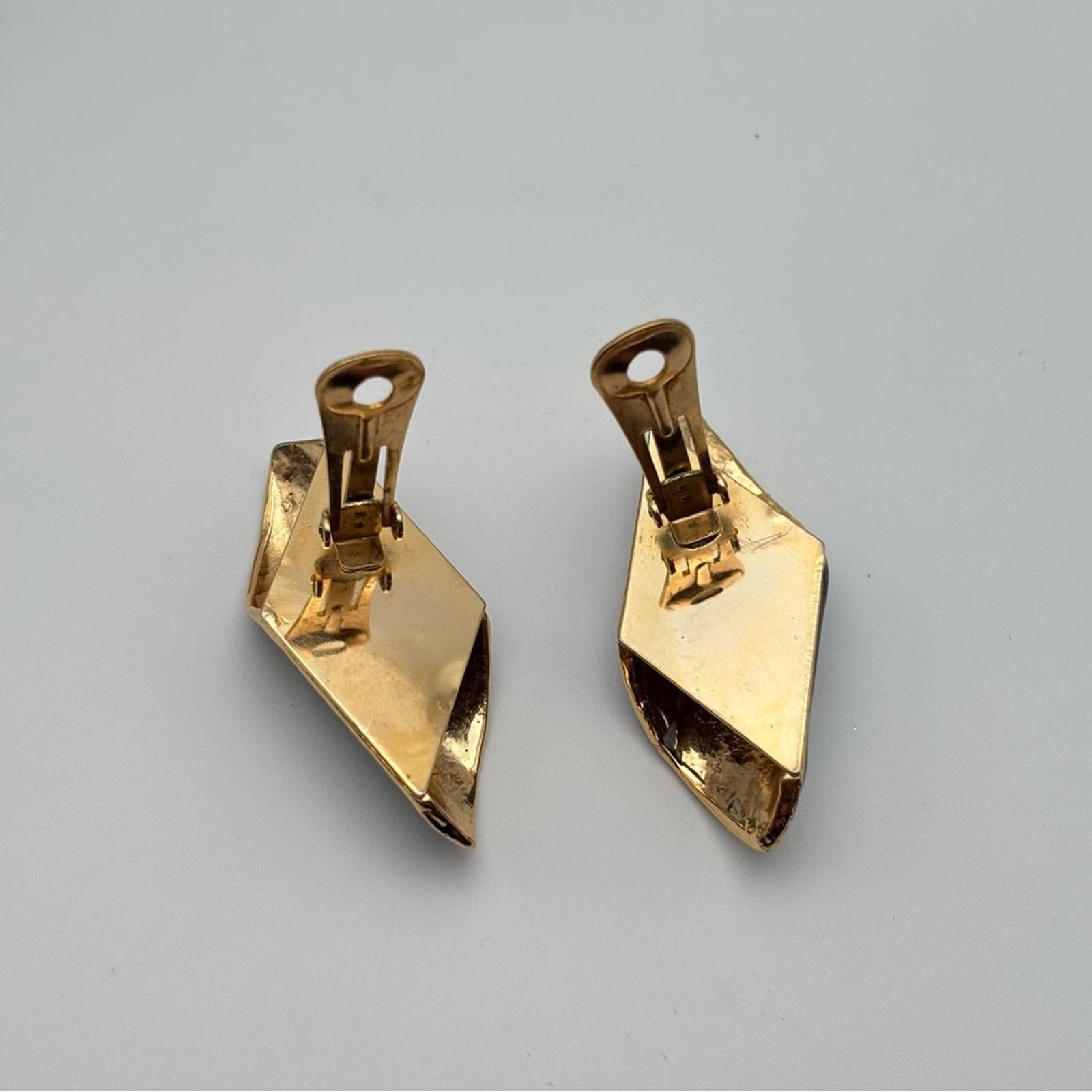 Vintage Grey Marbled Resin Geometric Clip-On Statement Earrings Gold Tone