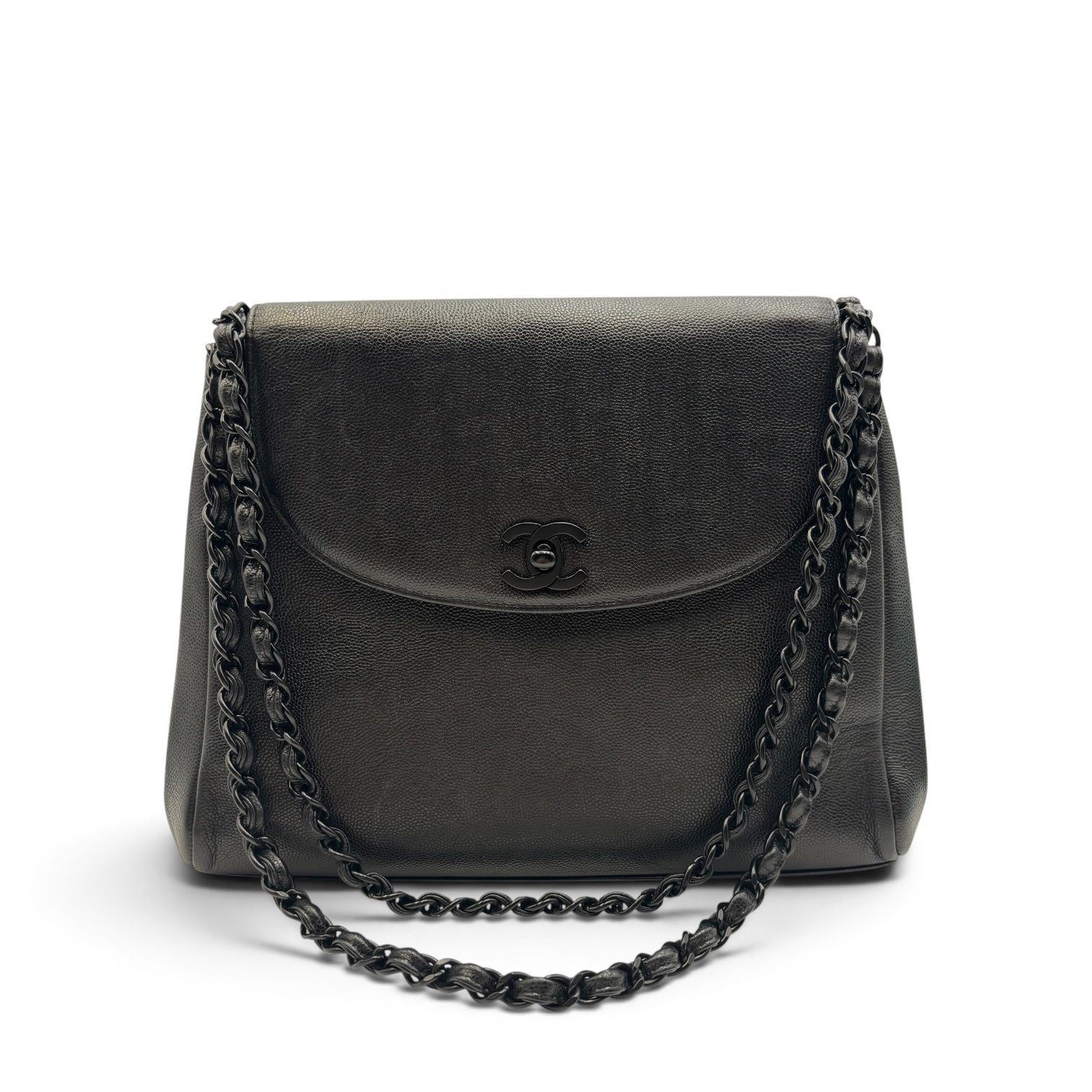 Chanel Black Caviar Leather Monochrome CC Chain Shoulder Bag 1990s