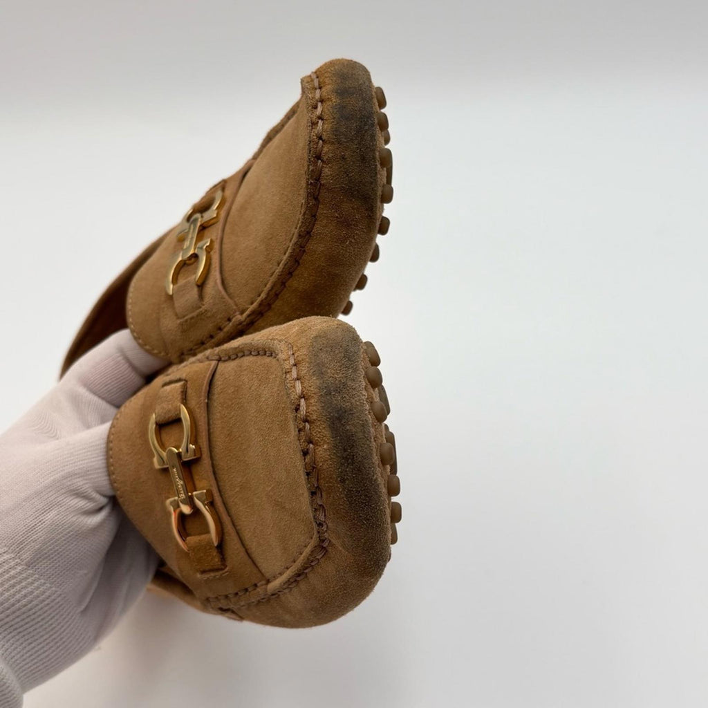 Salvatore Ferragamo Gancini Suede Driving Loafers Tan Gold