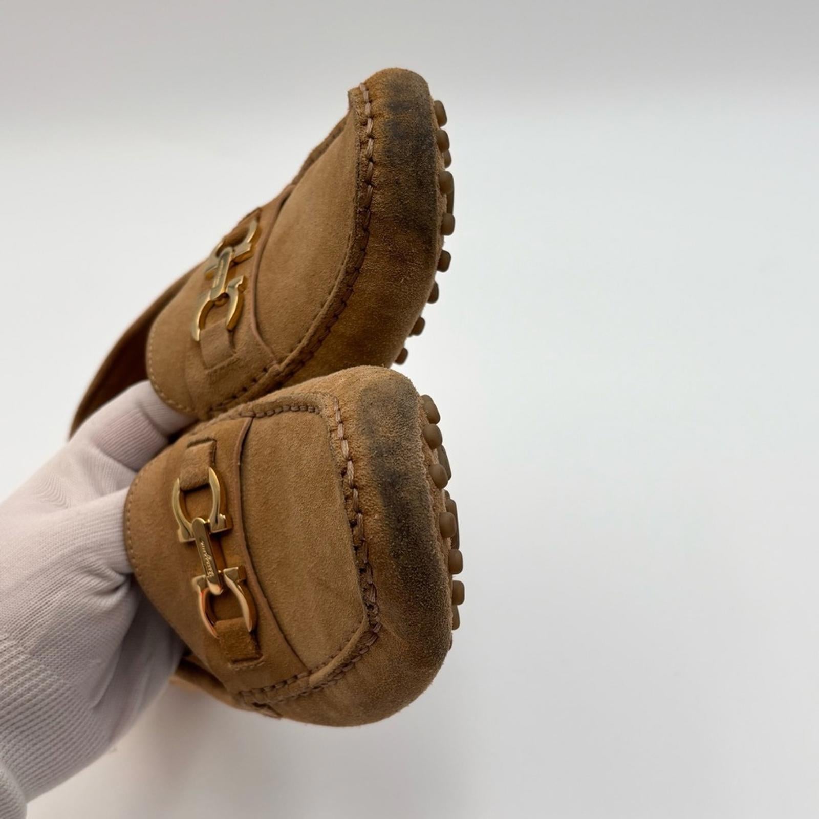 Salvatore Ferragamo Gancini Suede Driving Loafers Tan Gold