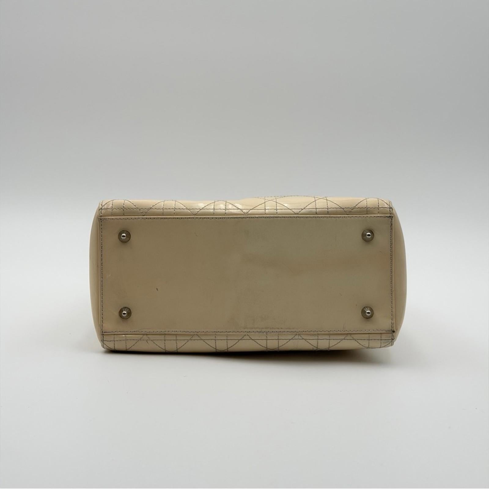 CHRISTIAN DIOR LADY DIOR PATENT LEATHER BAG BEIGE / NUDE SILVER HARDWARE