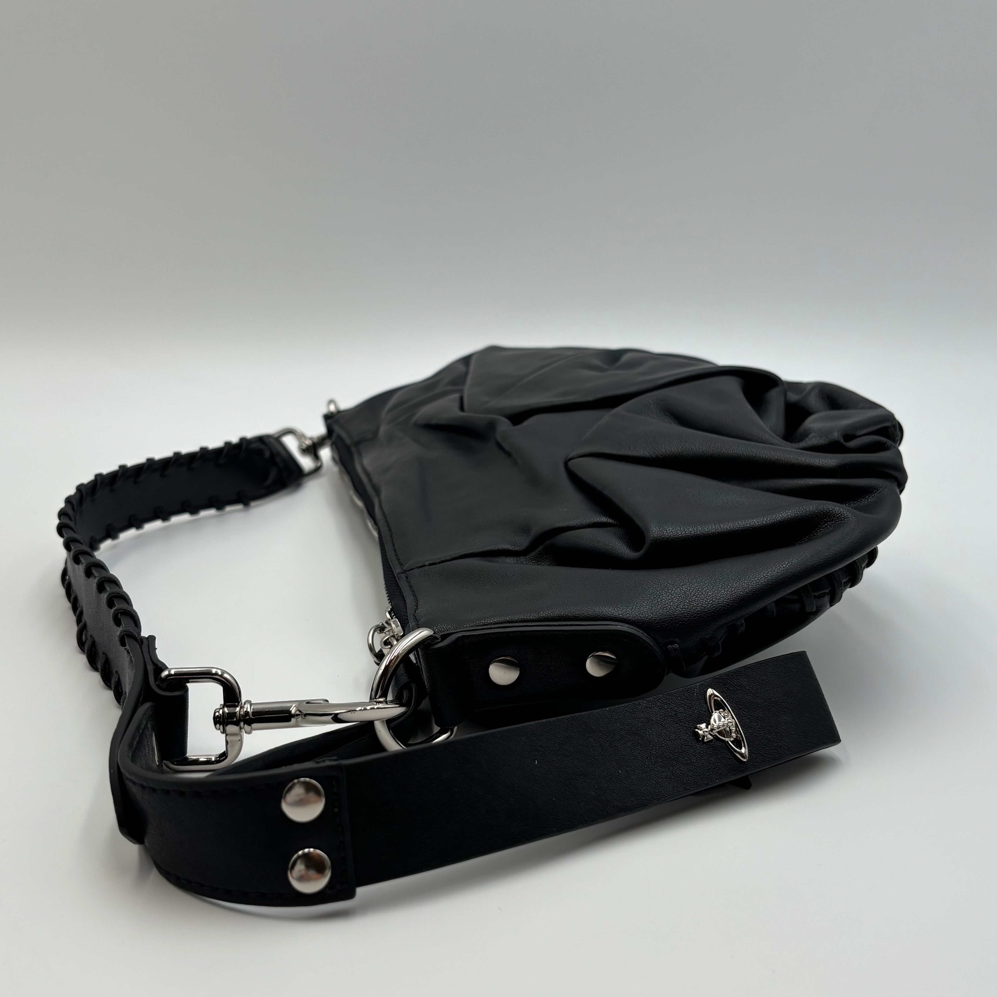 Vivienne Westwood Agnes Small Black Leather Ruched Shoulder Bag