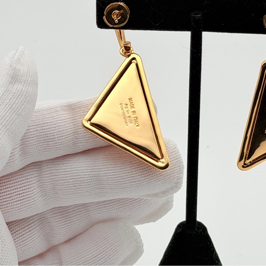 PRADA SYMBOL TRIANGLE EARRINGS 925 STERLING SILVER GOLD PLATED