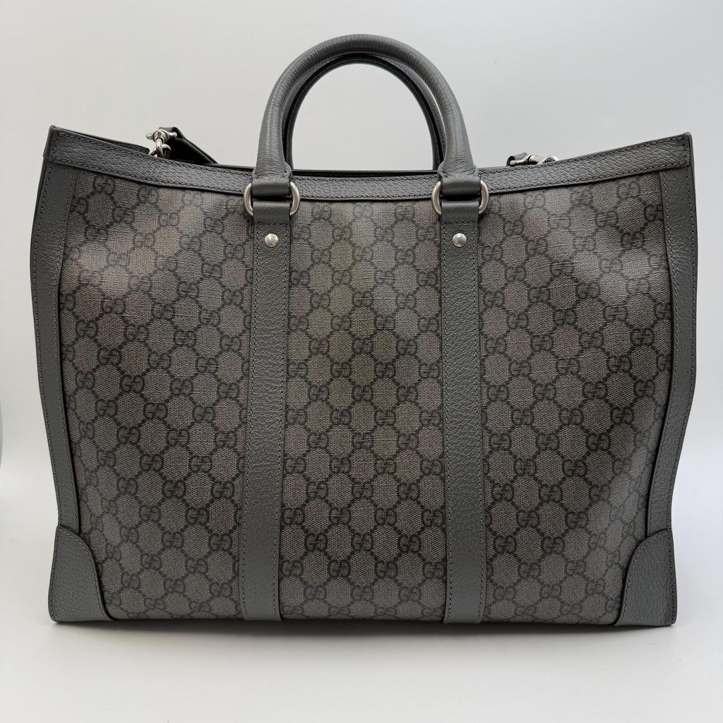 Gucci GG Supreme Monogram Tote Bag With Web Strap Gray Black