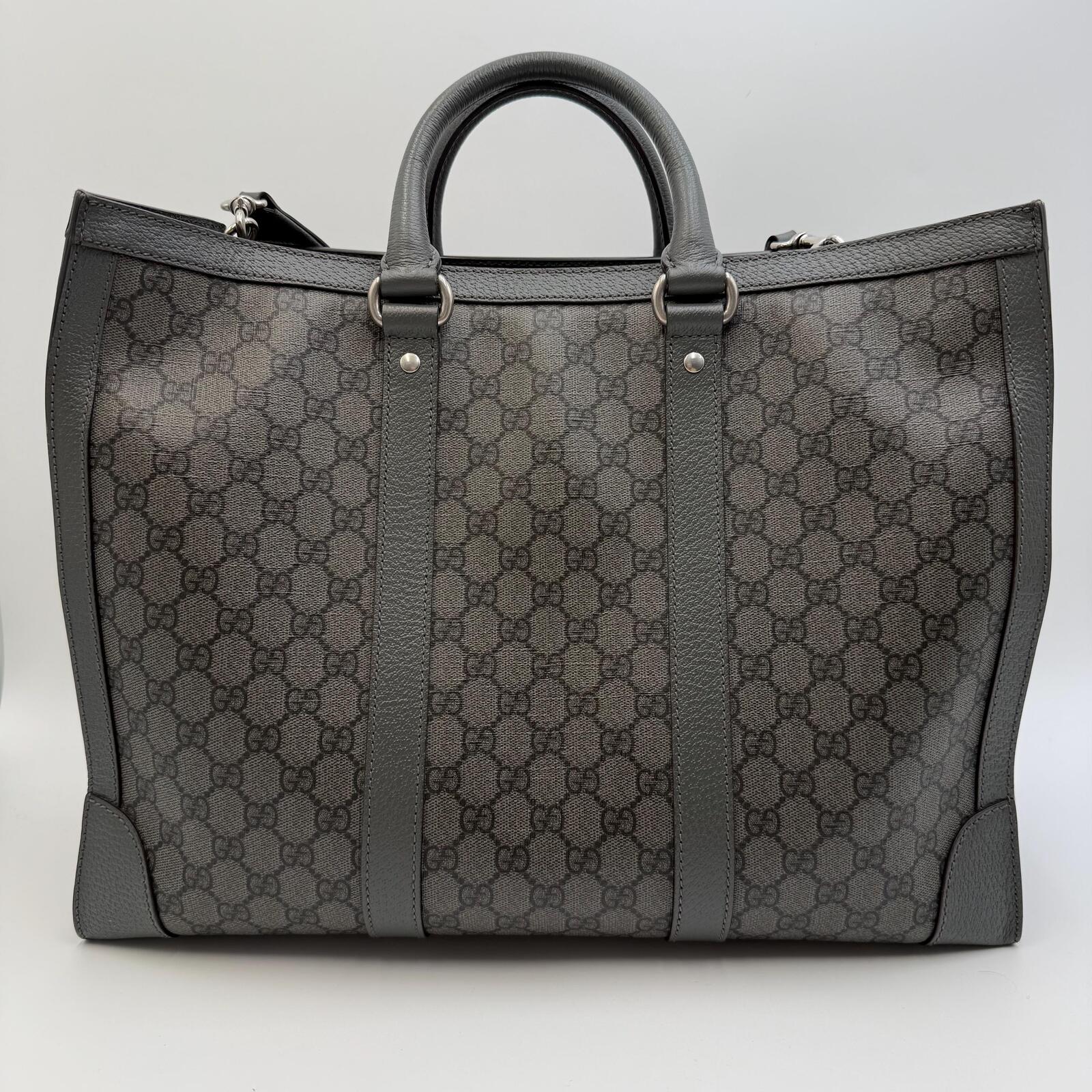 Gucci GG Supreme Monogram Tote Bag With Web Strap Gray Black