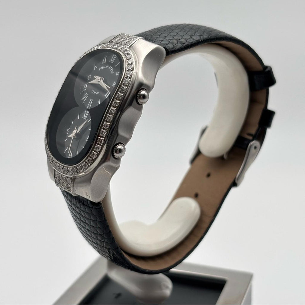 Philip Stein Teslar Dual Time Diamond Bezel Watch 45mm Lizard Strap