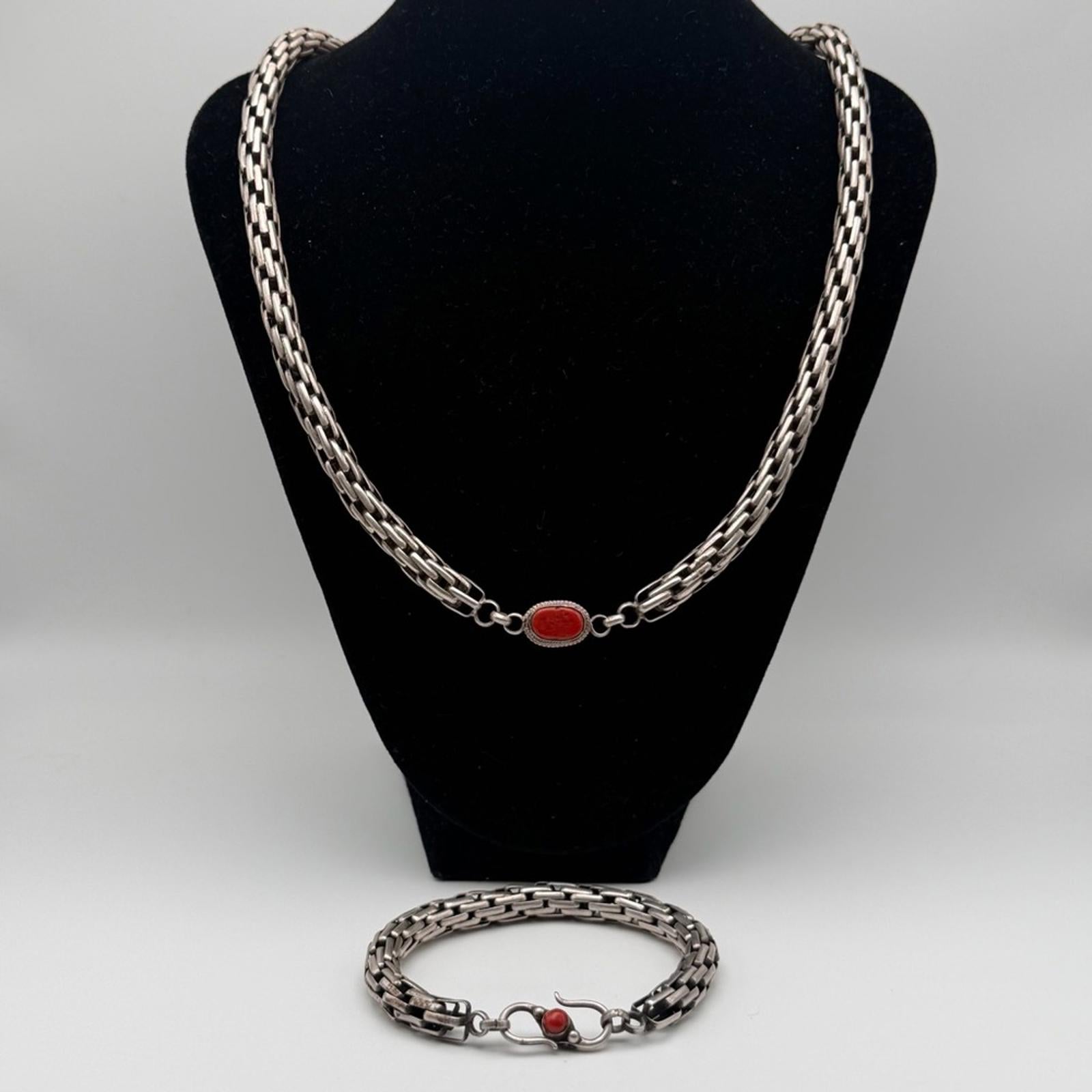 Vintage Tibetan Sterling Silver & Coral Necklace And Bracelet Set