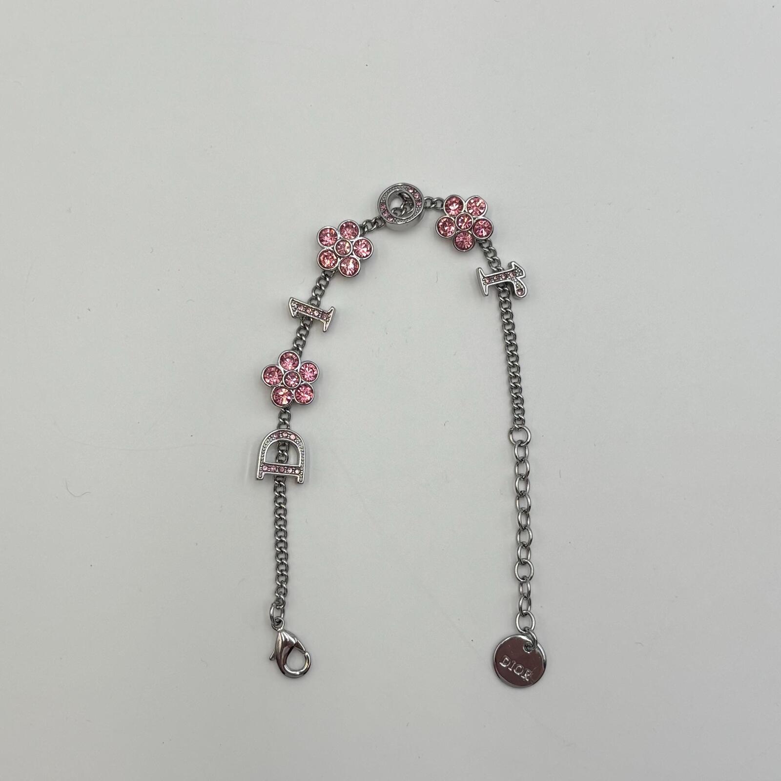 Dior Pink Crystal Floral Logo Charm Chain Bracelet