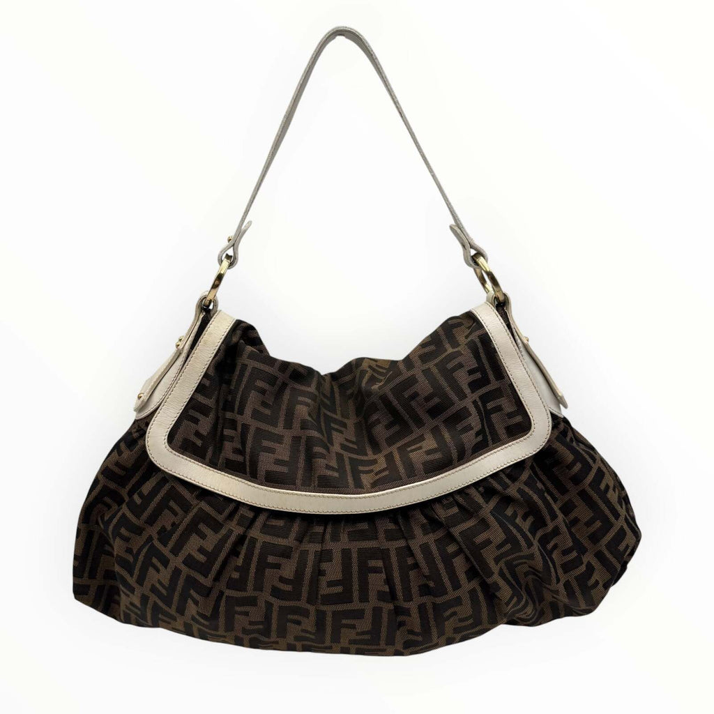 Fendi Zucca Monogram Canvas Shoulder Bag with Ivory Leather Trim