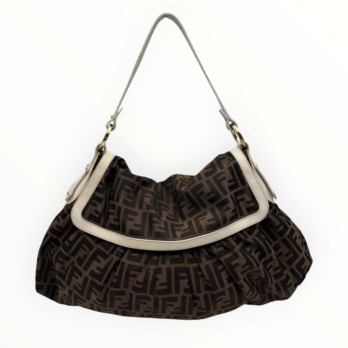 Fendi Zucca Monogram Canvas Shoulder Bag with Ivory Leather Trim