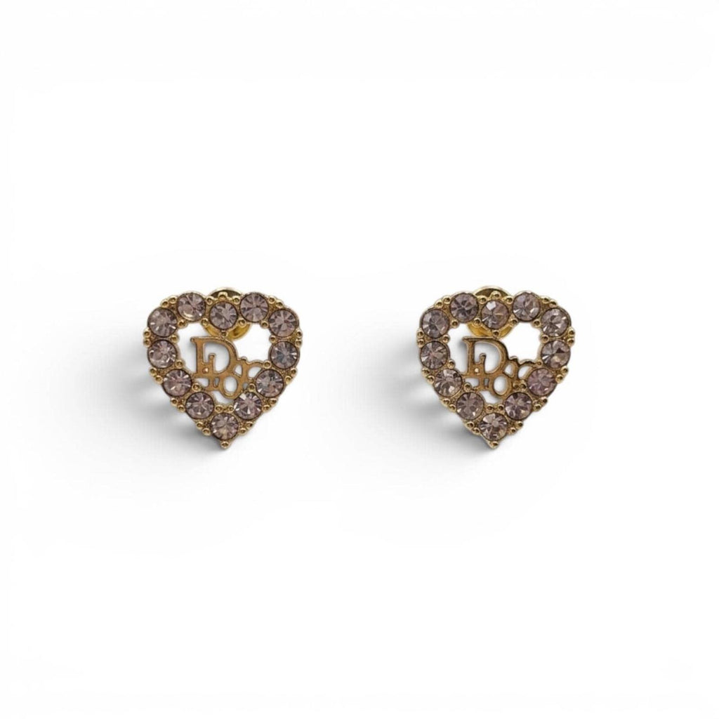 Dior Crystal Heart Logo Earrings Gold Tone CD Vintage Studs
