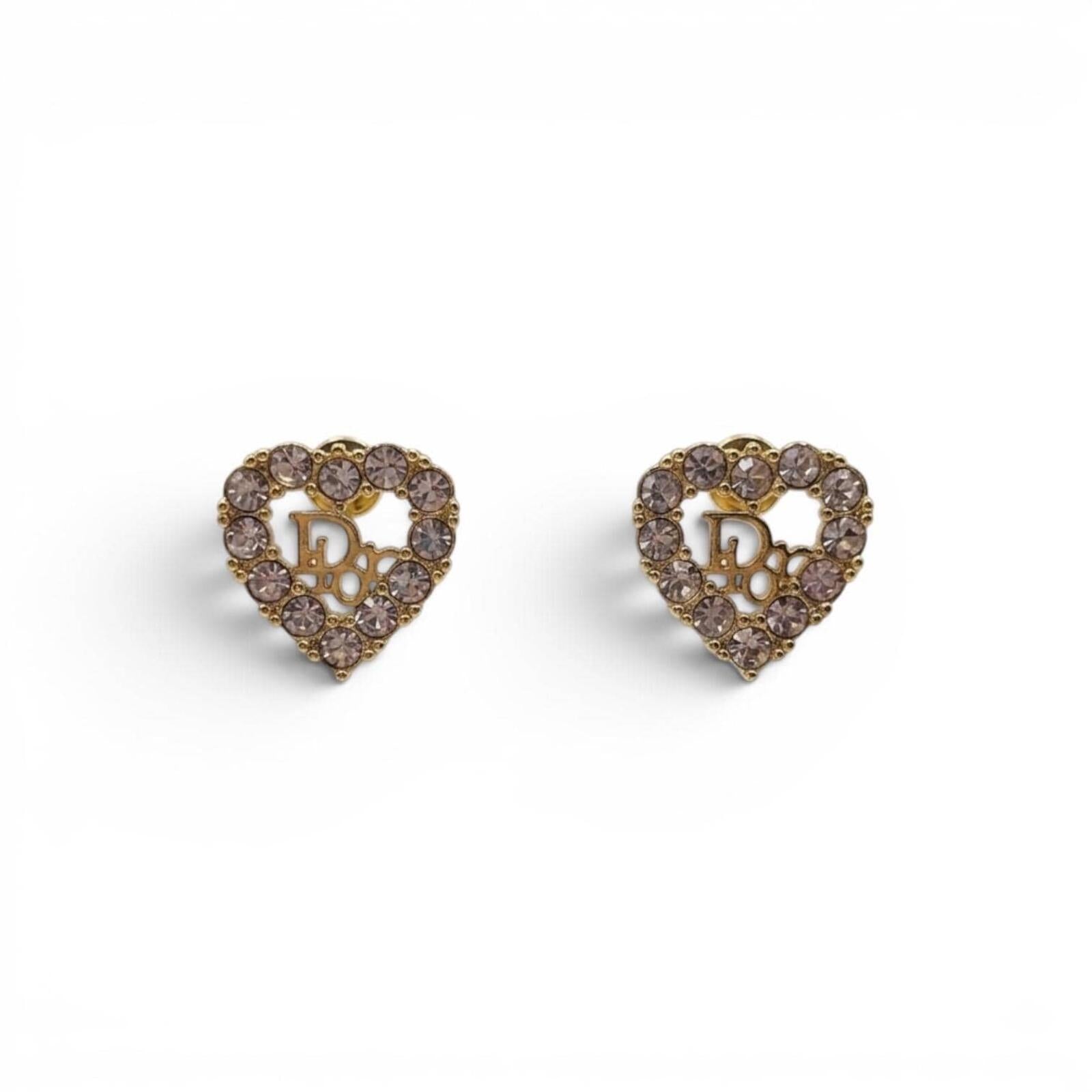 Dior Crystal Heart Logo Earrings Gold Tone CD Vintage Studs