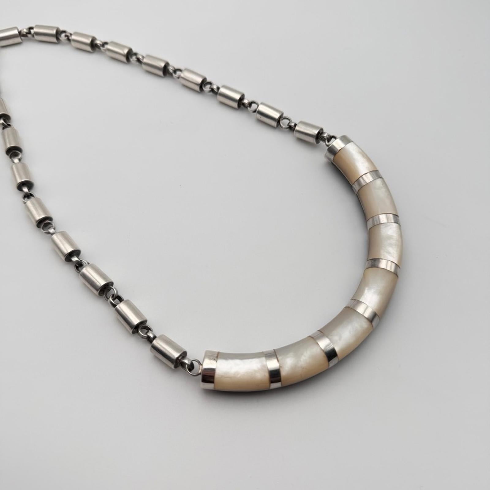 Vintage Heavy Sterling Silver Necklace With Onyx & Nacré (Mother Of Pearl)
