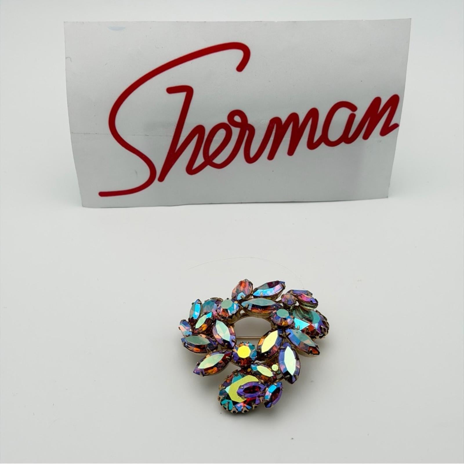 Vintage Sherman Aurora Borealis Rhinestone Floral Brooch – Signed
