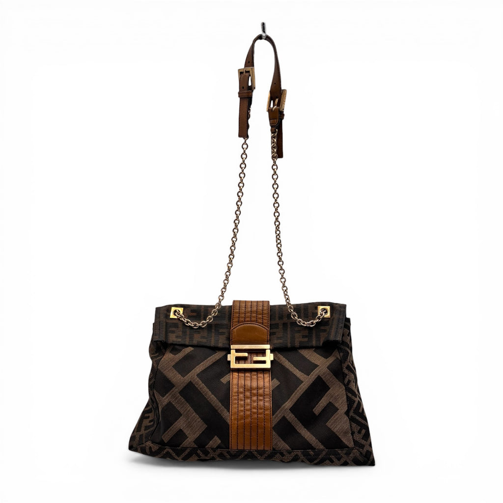 Fendi Zucca FF Canvas Shoulder Bag Brown Gold Hardware